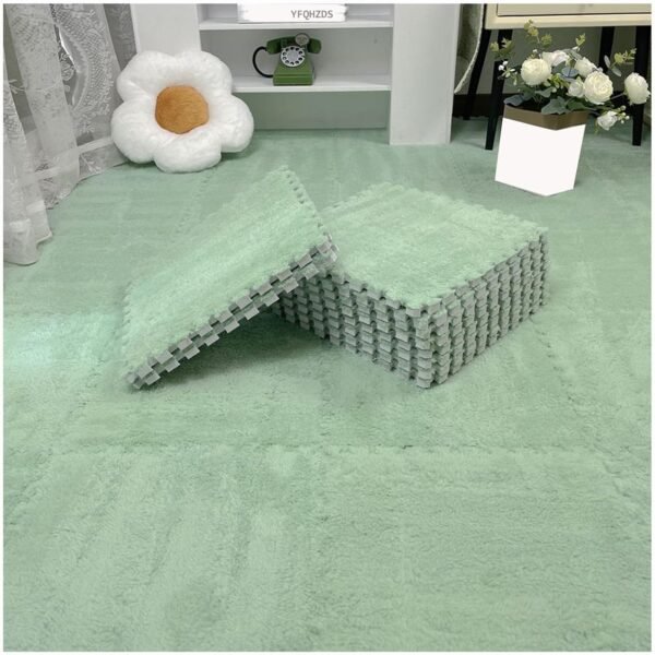 12 Plush Interlocking Foam Floor Mats, 30x30cm Square, Fluffy Puzzle Carpet Tiles With Edgings, Soft Fuzzy Foam Rugs For Room​(Green)