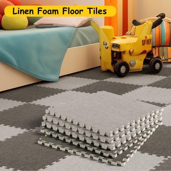 Dark Gray,1pcs, Foam Floor Mat 12X12inch with Border, Linen Fabric Interlocking Carpet Tiles, Square Puzzle Play Mats, Yoga Mat for Home