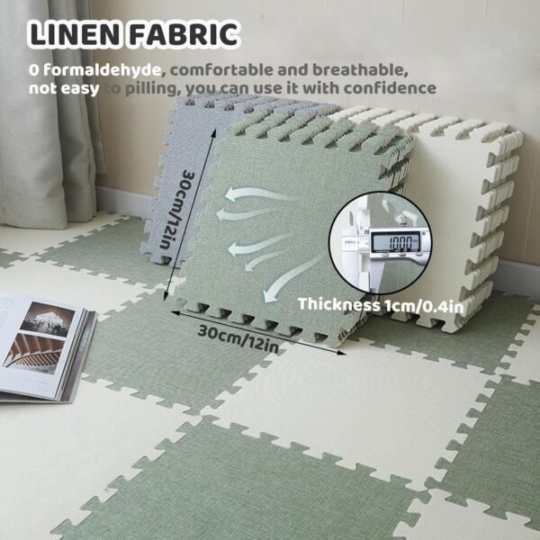 14 Pcs 12x12x0.4in Thicke Foam Interlocking Carpet Tiles,DIY Square Linen Fabric Floor Mats Set,14 Sq.Ft Home Anti-Slip Area Rug Puzzle Play Mat(Color:Light Blue + Light Gray)