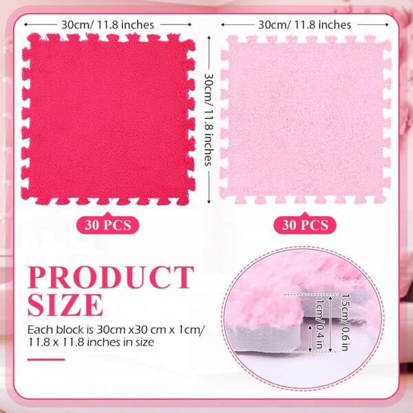 60 Pieces Plush Puzzle Foam Floor Mat Square Interlocking Carpet Tiles with Fluffy Play Mat Floor Tiles Soft Climbing Area Rugs for Living Room Floor Gym Area(Pink, Rose Red) - Image 2