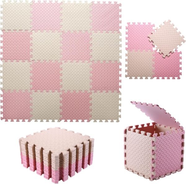 Foam Play Mat for Baby, 0.4 Inch Thick Foam Interlocking Floor Mats, Soft Non-Toxic Baby Playmat, Solid Colored Puzzle Play Mat Kids Floor Mats, 16 Tiles, Beige/Loli Pink