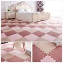 6 Plush Interlocking Carpet Tiles With Border, 30x30cm For Home Playroom​(Pink+Dark Pink+Light Brown)