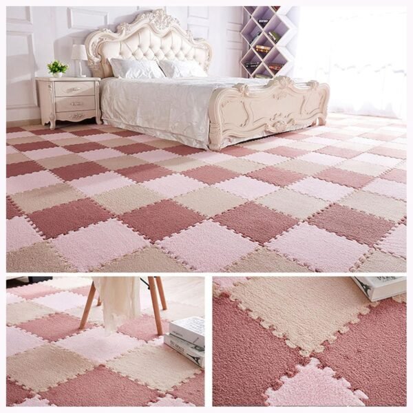 6 Plush Interlocking Carpet Tiles With Border, 30x30cm For Home Playroom​(Pink+Dark Pink+Light Brown)