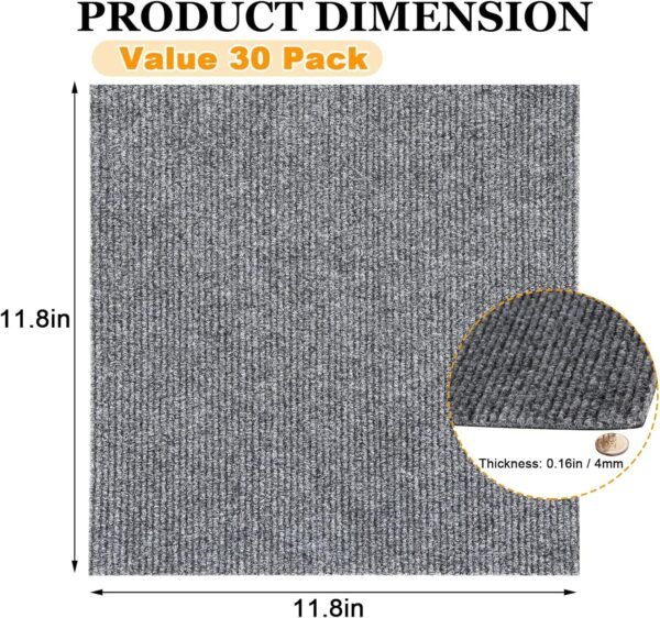 30PCS Carpet Tiles Peel and Stick 12x12 Self Adhesive Carpet Squares for Basement Carpet for Concrete Floor Non Skid Carpets Tiles Clearance on Indoor Outdoor Carpets Squares Commercial L.Grey - Image 2